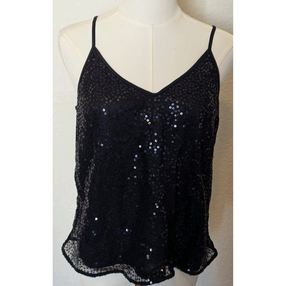 Women's Sequin Cami Top Black V Neck Sparkly Party Tank Size 10 Weekend Festiva